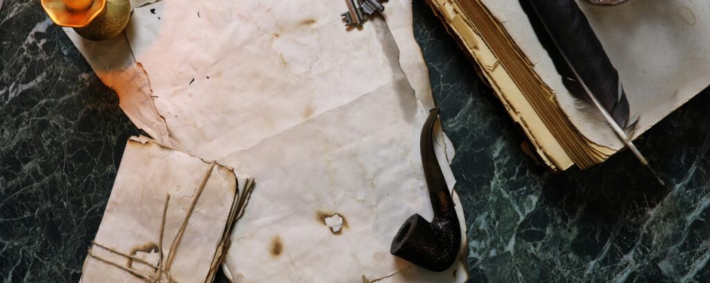 Detective artifacts - a , a smoking pipe, an old letter.