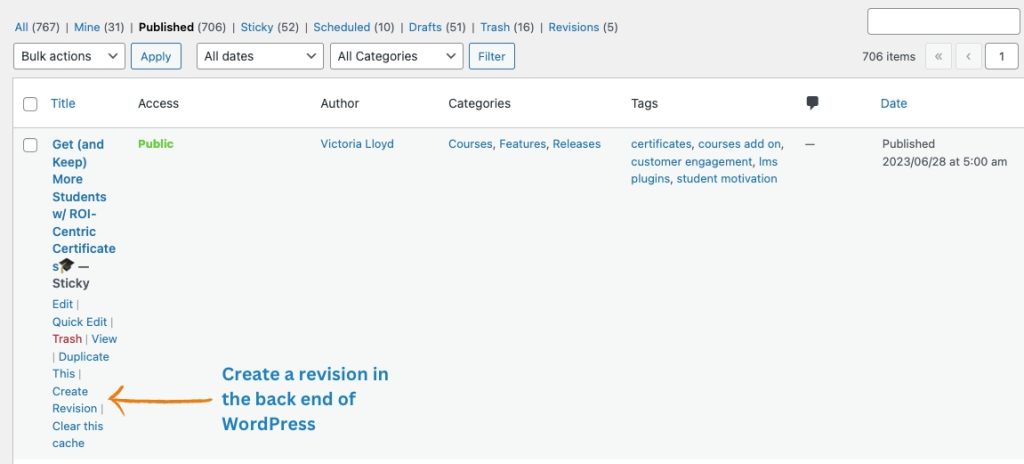 Strive create a revision in the back end of WordPress