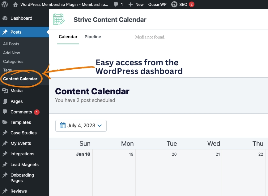 Strive menu easy to access from WordPress dashboard