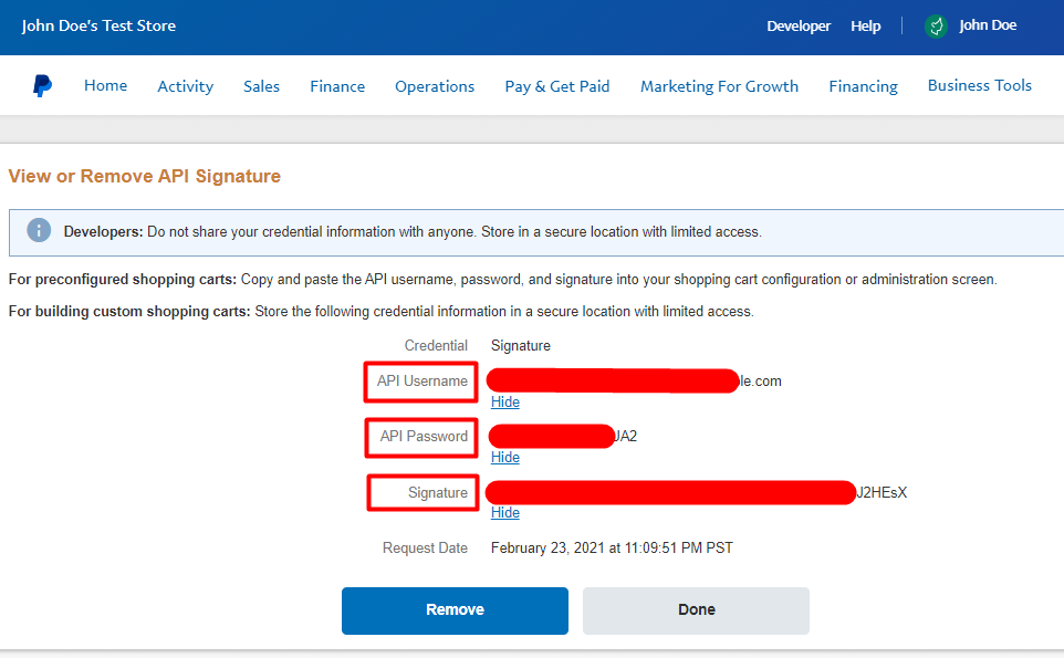 PayPal API Username, API Password, API Signature