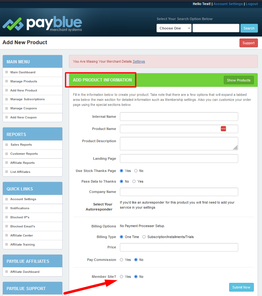 PayBlue Add New Product - Membership Site