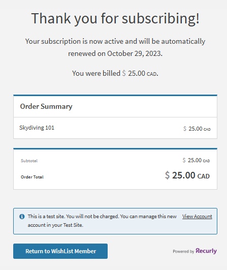 Recurly Integration with WishList Member - Thank You Page
