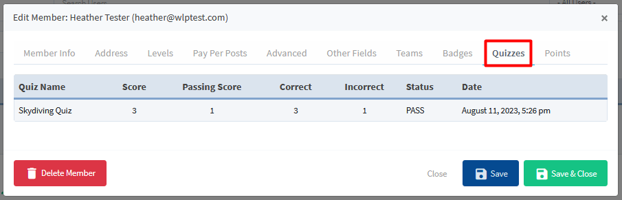 Manage Members - Quizzes