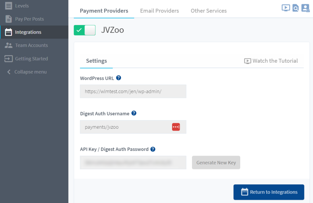 JVZoo Settings screen with examples of the WordPress URL and API information.